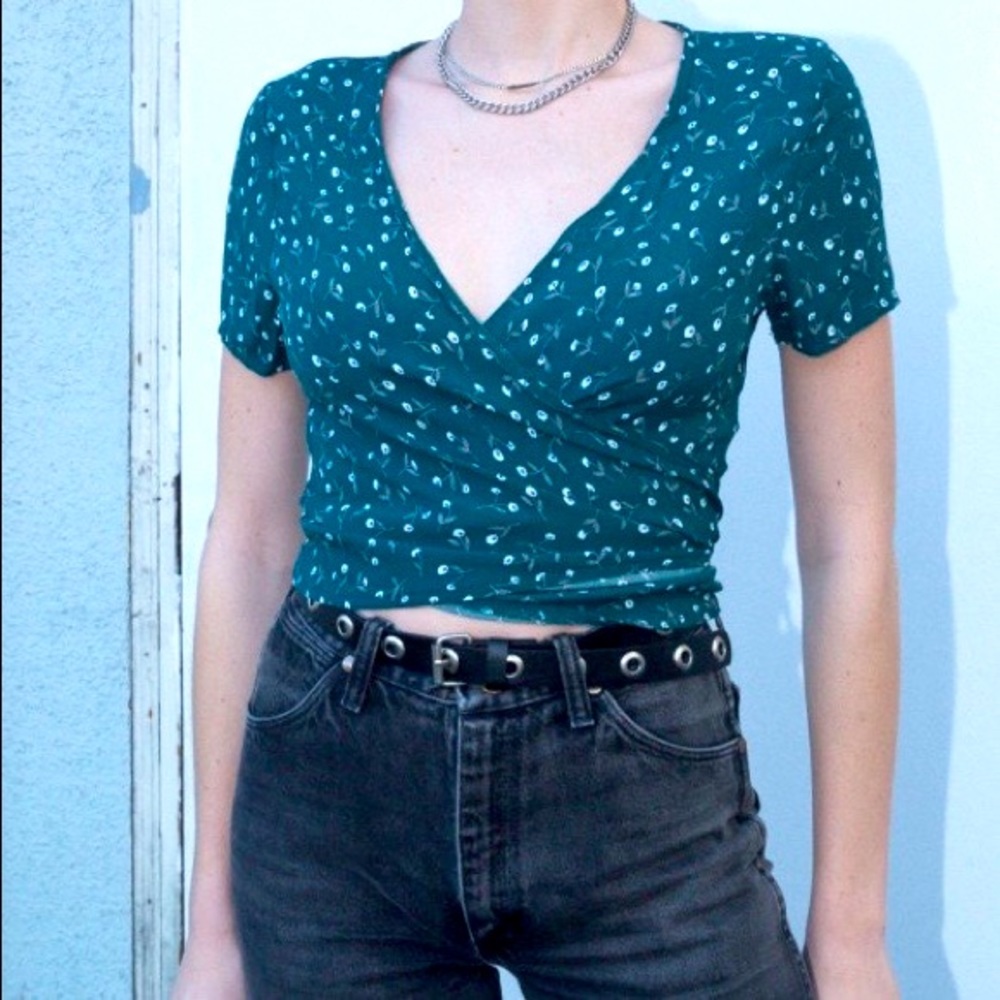 Brandy Melville Forest Green Floral "Rae" Wrap Top